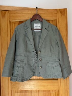 Anthropologie Hei Hei olive green linen ruffle blazer